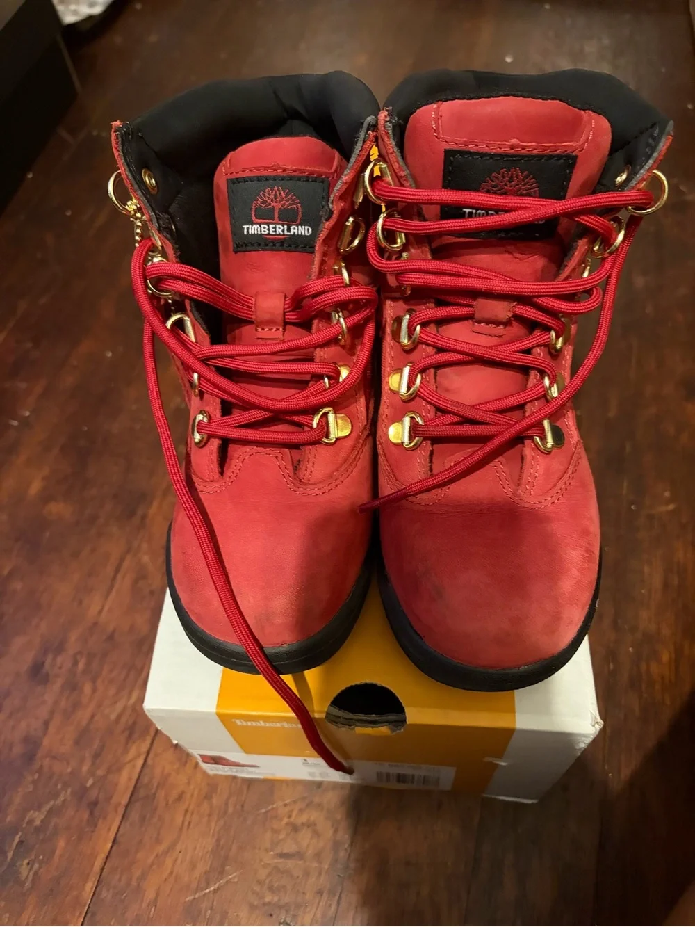 Timberland Red Nubuck Lace-Up Boots with Black Collar size 1